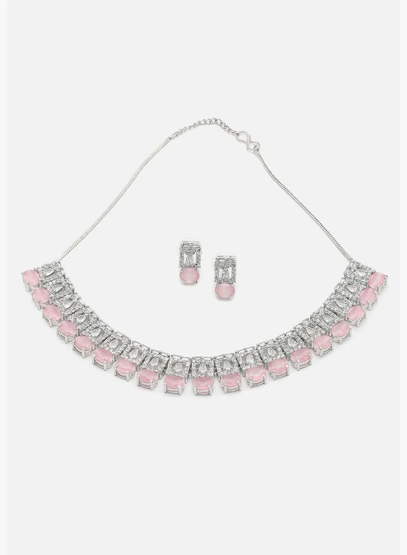 SOHI Silver Plated American Diamond and Designer Stone Necklace and Earring Set