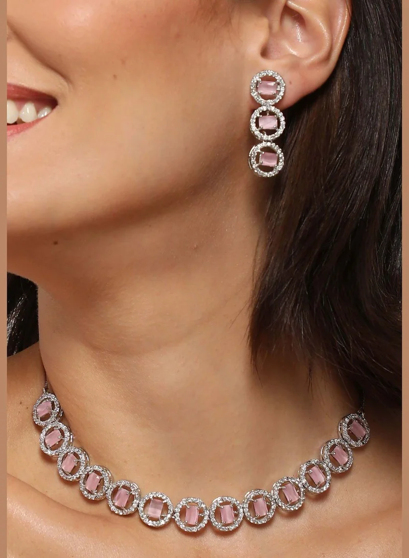 SOHI Silver Plated American Diamond and Designer Stone Necklace and Earring Set
