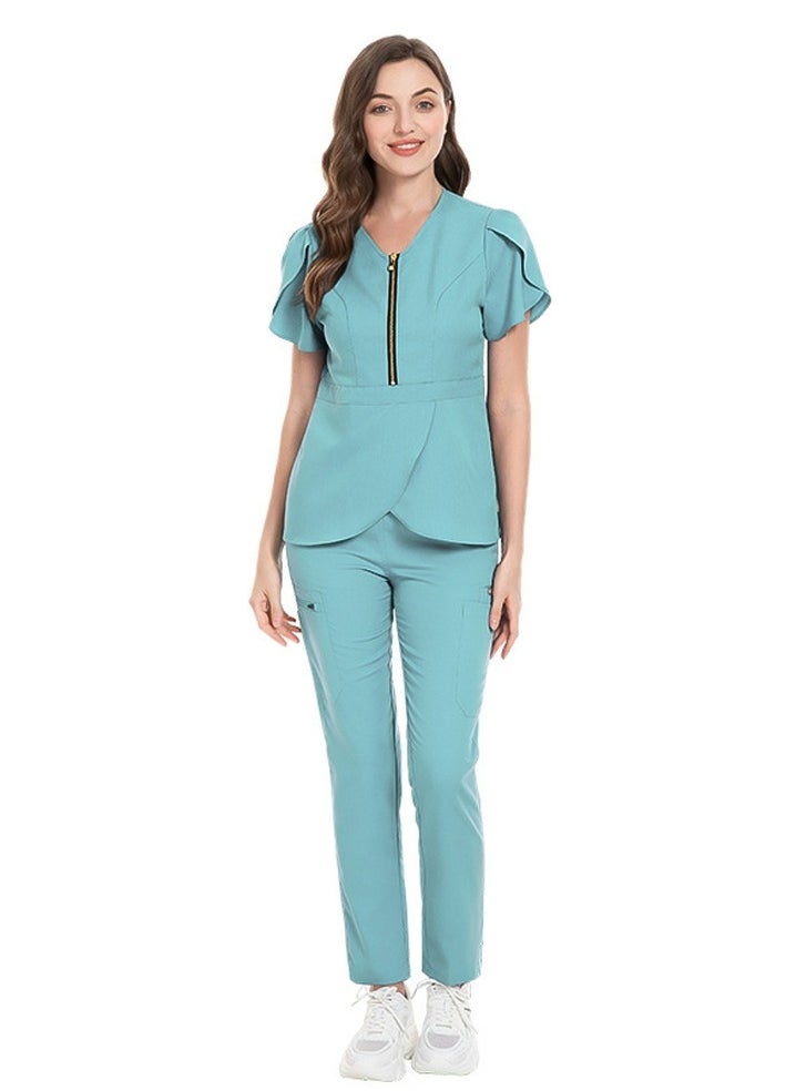 Loquat Womens Slim Fit Medical Uniform Scrubs 2 Piece Set V-Neck Zipper Top and Elastic Waist Pants Suit Light Blue  - Image 1