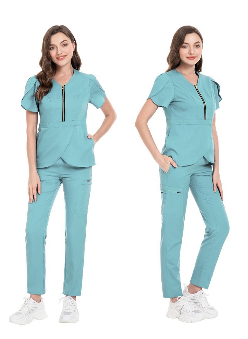 Loquat Womens Slim Fit Medical Uniform Scrubs 2 Piece Set V-Neck Zipper Top and Elastic Waist Pants Suit Light Blue  - Image 2