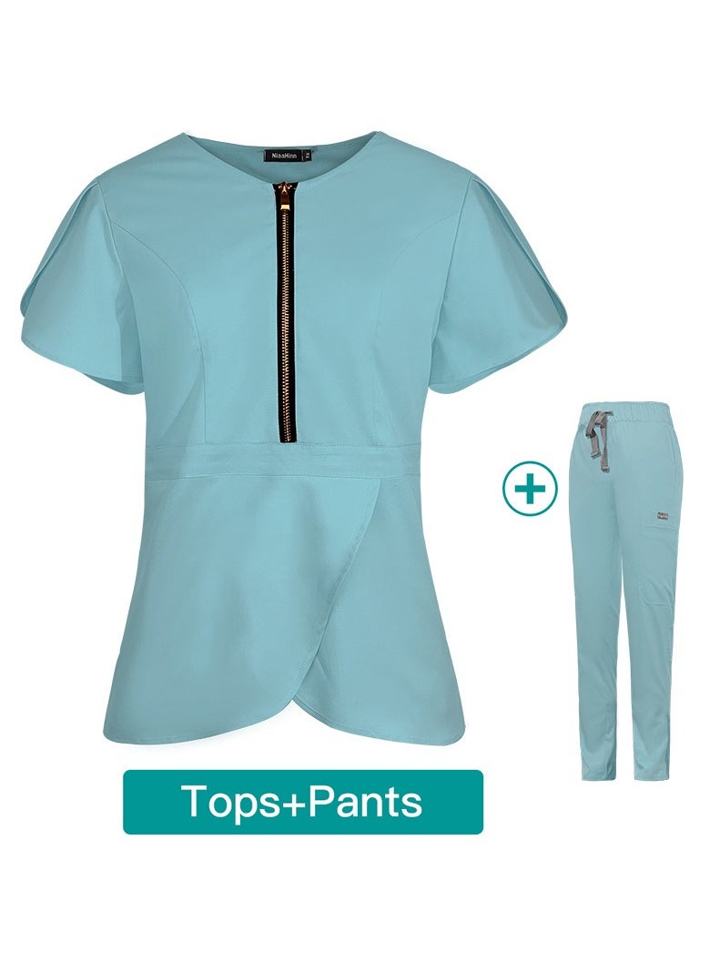 Loquat Womens Slim Fit Medical Uniform Scrubs 2 Piece Set V-Neck Zipper Top and Elastic Waist Pants Suit Light Blue  - Image 3