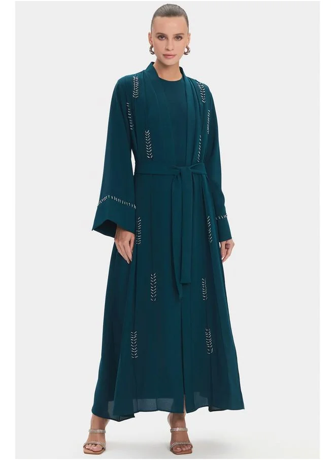 جون June Women Crew Neck Embroidered Waist Tie Detail Abaya Teal