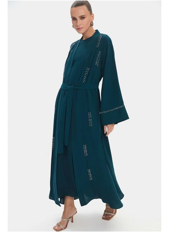 جون June Women Crew Neck Embroidered Waist Tie Detail Abaya Teal