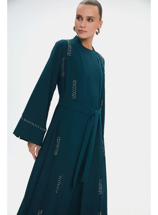 JUNE June Women Crew Neck Embroidered Waist Tie Detail Abaya Teal