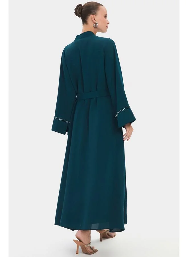 JUNE June Women Crew Neck Embroidered Waist Tie Detail Abaya Teal