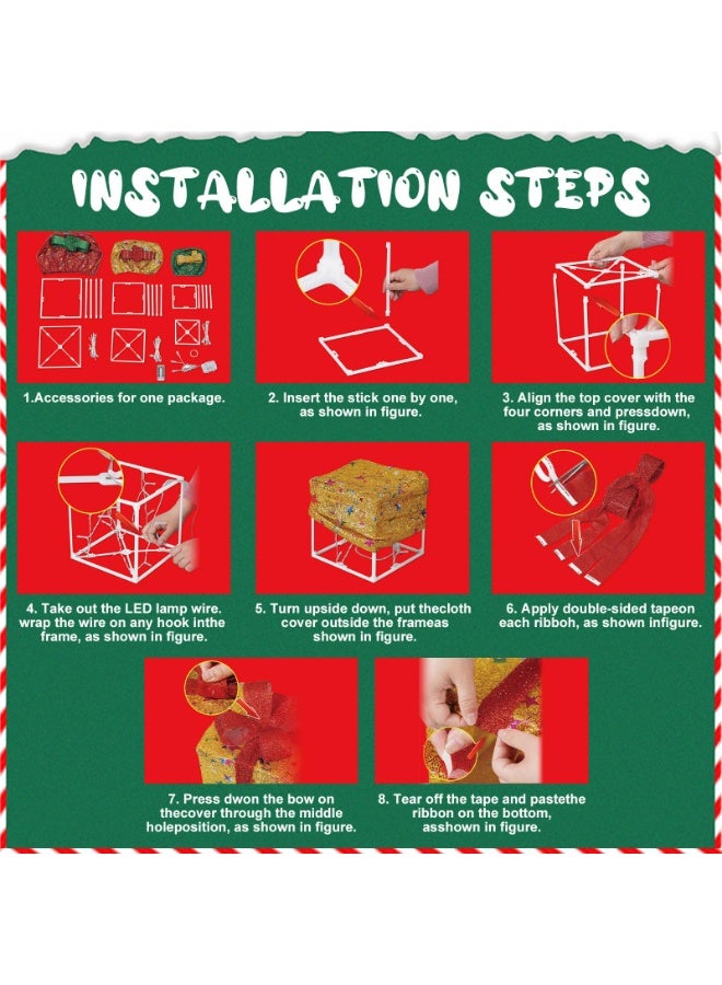 تشيلور علب هدايا عيد الميلاد المضيئة، مجموعة من 3 علب هدايا خارجية مضاءة بإضاءة LED لشجرة عيد الميلاد، علبة هدايا مضيئة لعرض ديكورات حفلات عيد الميلاد الخارجية (قطيفة بيضاء). - Image 4