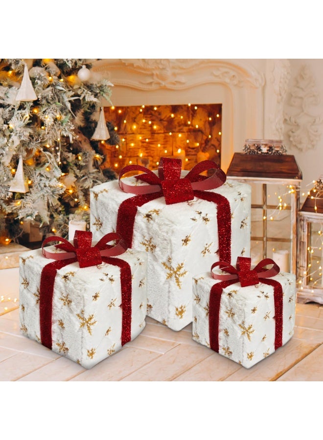 تشيلور علب هدايا عيد الميلاد المضيئة، مجموعة من 3 علب هدايا خارجية مضاءة بإضاءة LED لشجرة عيد الميلاد، علبة هدايا مضيئة لعرض ديكورات حفلات عيد الميلاد الخارجية (قطيفة بيضاء). - Image 3
