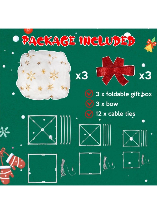 تشيلور علب هدايا عيد الميلاد المضيئة، مجموعة من 3 علب هدايا خارجية مضاءة بإضاءة LED لشجرة عيد الميلاد، علبة هدايا مضيئة لعرض ديكورات حفلات عيد الميلاد الخارجية (قطيفة بيضاء). - Image 5