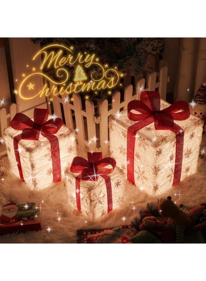 تشيلور علب هدايا عيد الميلاد المضيئة، مجموعة من 3 علب هدايا خارجية مضاءة بإضاءة LED لشجرة عيد الميلاد، علبة هدايا مضيئة لعرض ديكورات حفلات عيد الميلاد الخارجية (قطيفة بيضاء). - Image 1