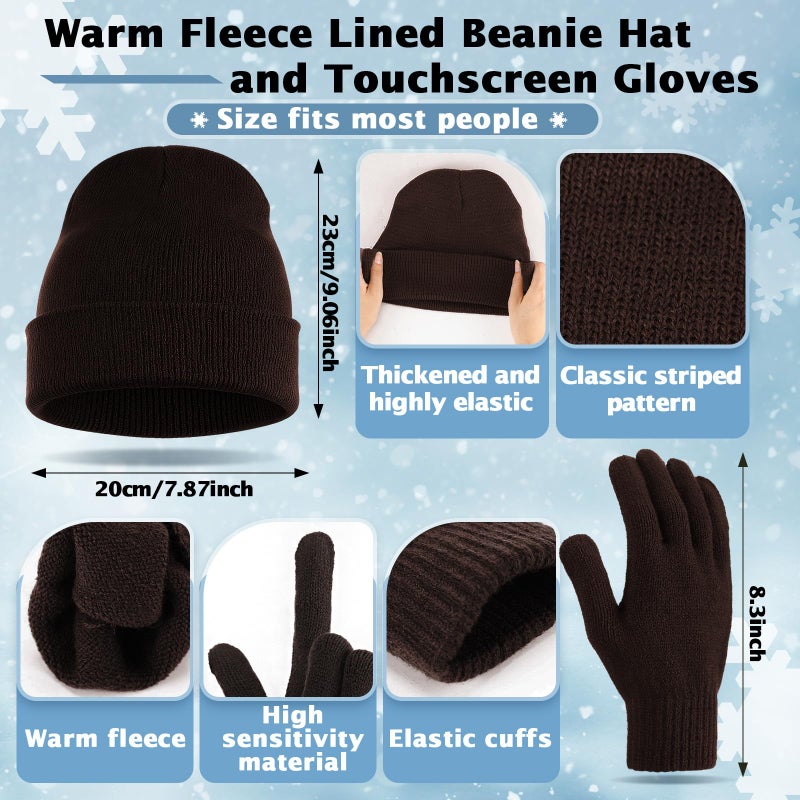 Breathffy 4 Pcs Winter Hat Scarf Gloves Headband Set Knit Beanie Touch Screen Gloves Long Scarf Valentine Gift for Women Men(Minimalist Style,Brown) - Image 2