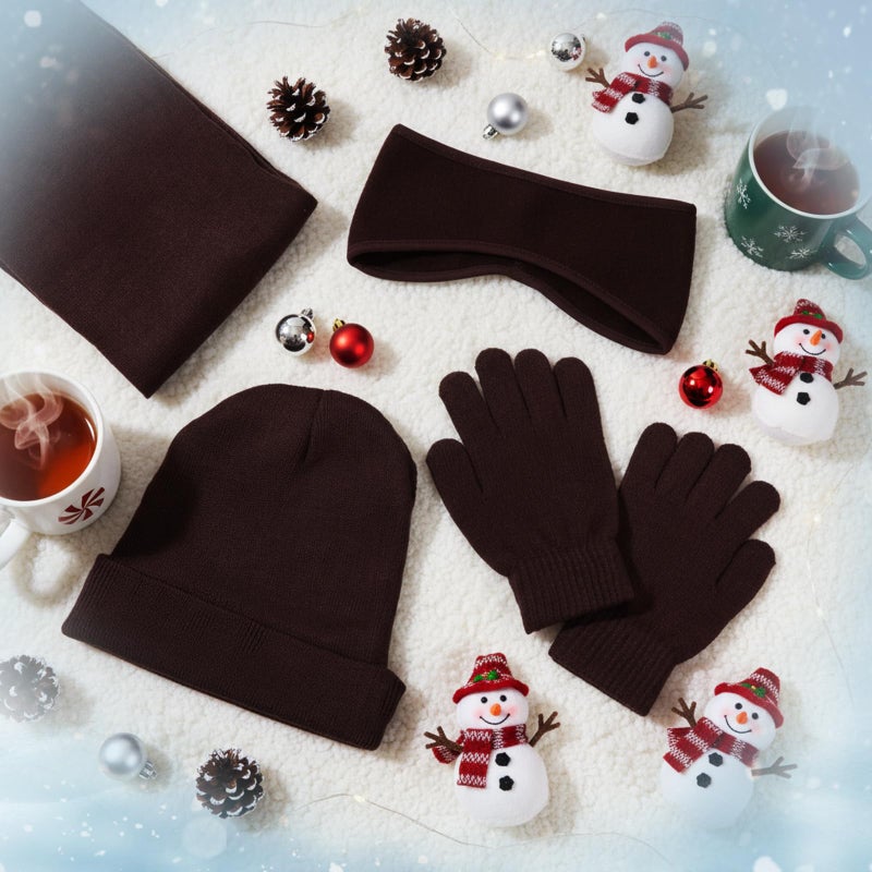 Breathffy 4 Pcs Winter Hat Scarf Gloves Headband Set Knit Beanie Touch Screen Gloves Long Scarf Valentine Gift for Women Men(Minimalist Style,Brown) - Image 4