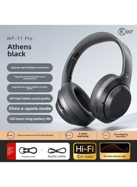 T1 Bluetooth Headset Headset Wireless Game Noise Reduction Headset Wired With Mai Super Long Standby-Color:Official Standard Configuration - Quiet Night Black - Advanced Edition