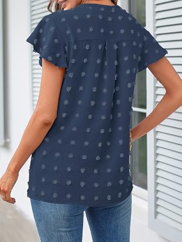 MEROKEETY Women V Neck Flowy Short Sleeve Swiss Dot Blouse Business Casual Loose Shirt Top DustyNavy Small - Image 4