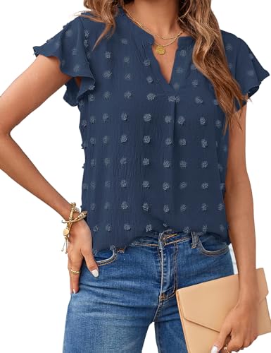 MEROKEETY Women V Neck Flowy Short Sleeve Swiss Dot Blouse Business Casual Loose Shirt Top DustyNavy Small - Image 1