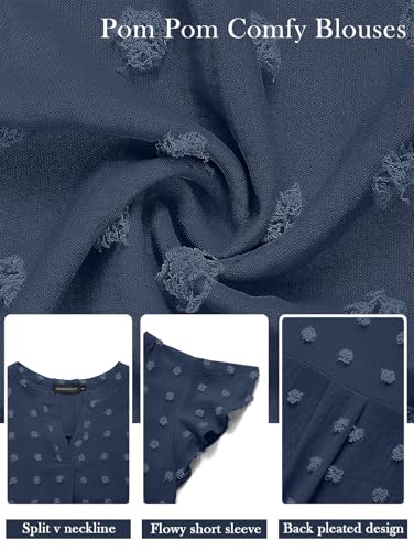 MEROKEETY Women V Neck Flowy Short Sleeve Swiss Dot Blouse Business Casual Loose Shirt Top DustyNavy Small - Image 5