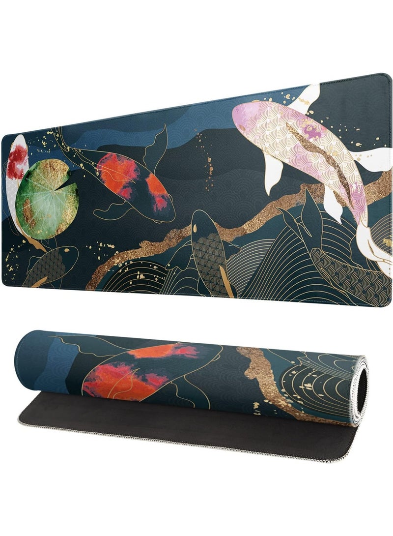 Japanese Gaming Mouse Pad XL - Extended Large Mouse Mat Desk Pad, Stitched Edges Mousepad, 3mm Thick Long Non-Slip Rubber Base Mice Pad, 31.5 X 11.8 Inch - Koi Fish Art - Image 1