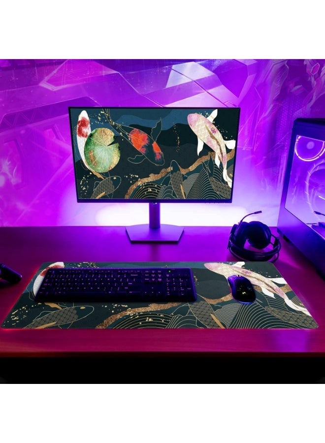 Japanese Gaming Mouse Pad XL - Extended Large Mouse Mat Desk Pad, Stitched Edges Mousepad, 3mm Thick Long Non-Slip Rubber Base Mice Pad, 31.5 X 11.8 Inch - Koi Fish Art - Image 2