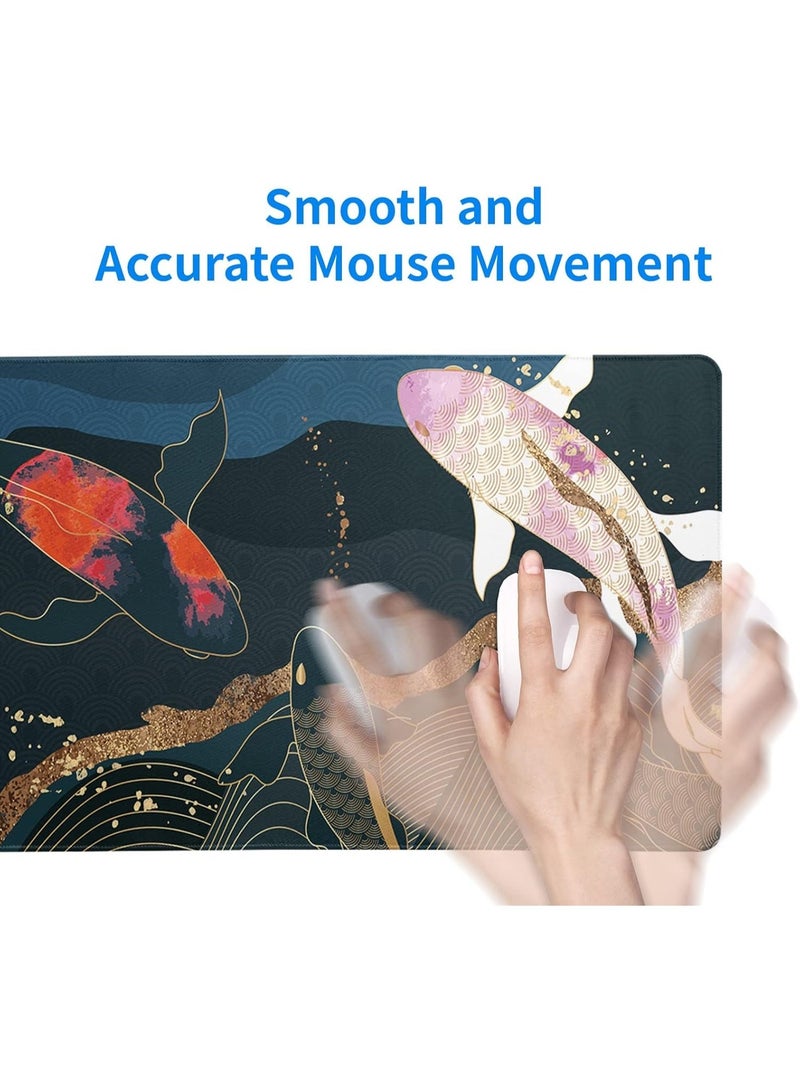 Japanese Gaming Mouse Pad XL - Extended Large Mouse Mat Desk Pad, Stitched Edges Mousepad, 3mm Thick Long Non-Slip Rubber Base Mice Pad, 31.5 X 11.8 Inch - Koi Fish Art - Image 5