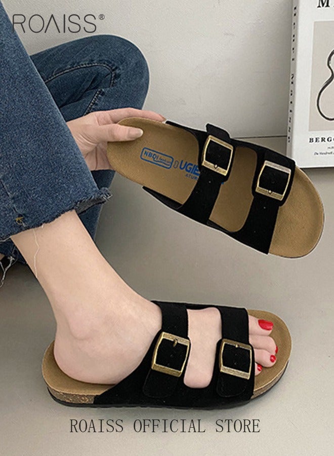 roaiss Women's Straight Cut Open Toe Slippers Frosted Thick Sole Anti Slip Sandals Adjustable Versatile Beach Slippers Soft Comfort Summer Beach Flat Slip on Sandals Black - Image 1