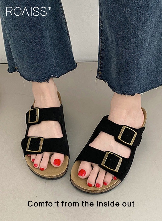 roaiss Women's Straight Cut Open Toe Slippers Frosted Thick Sole Anti Slip Sandals Adjustable Versatile Beach Slippers Soft Comfort Summer Beach Flat Slip on Sandals Black - Image 3