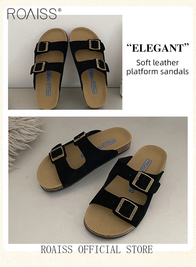 roaiss Women's Straight Cut Open Toe Slippers Frosted Thick Sole Anti Slip Sandals Adjustable Versatile Beach Slippers Soft Comfort Summer Beach Flat Slip on Sandals Black - Image 2