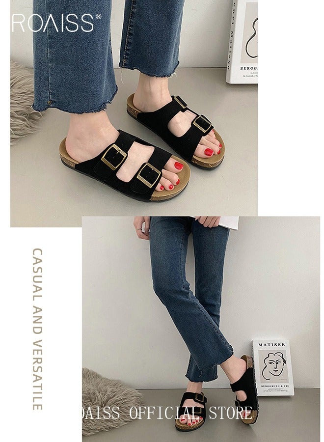 roaiss Women's Straight Cut Open Toe Slippers Frosted Thick Sole Anti Slip Sandals Adjustable Versatile Beach Slippers Soft Comfort Summer Beach Flat Slip on Sandals Black - Image 5