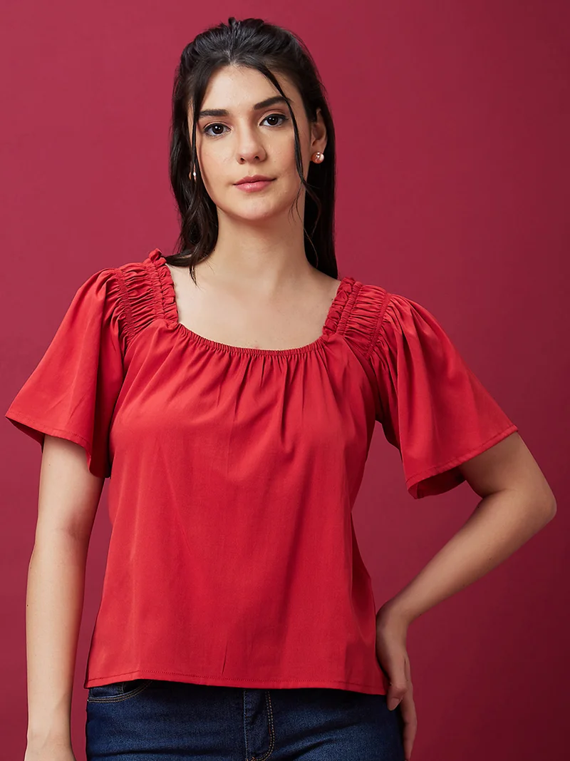 globus Women Rust Square Neck Flared Sleeve Gathered Or Pleated Top