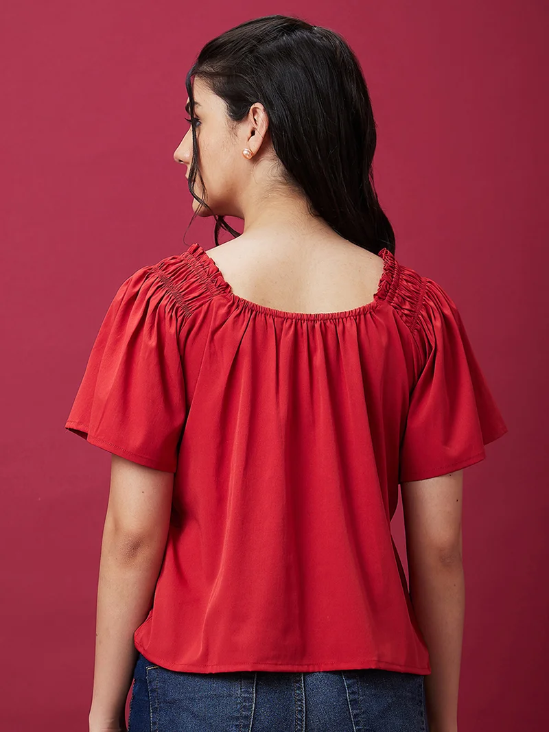 globus Women Rust Square Neck Flared Sleeve Gathered Or Pleated Top
