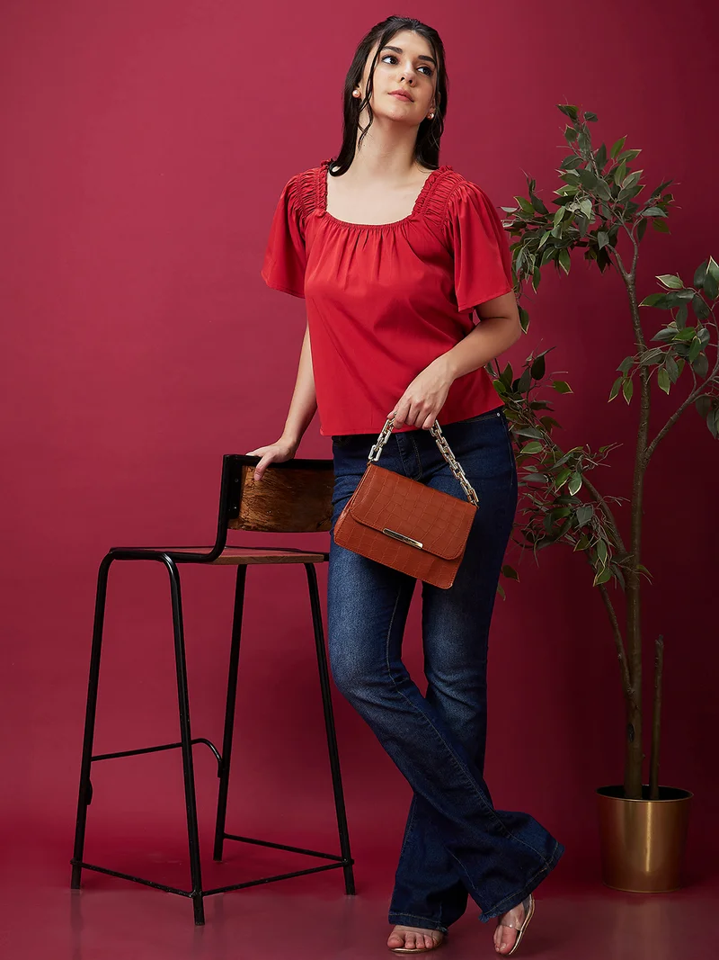 globus Women Rust Square Neck Flared Sleeve Gathered Or Pleated Top