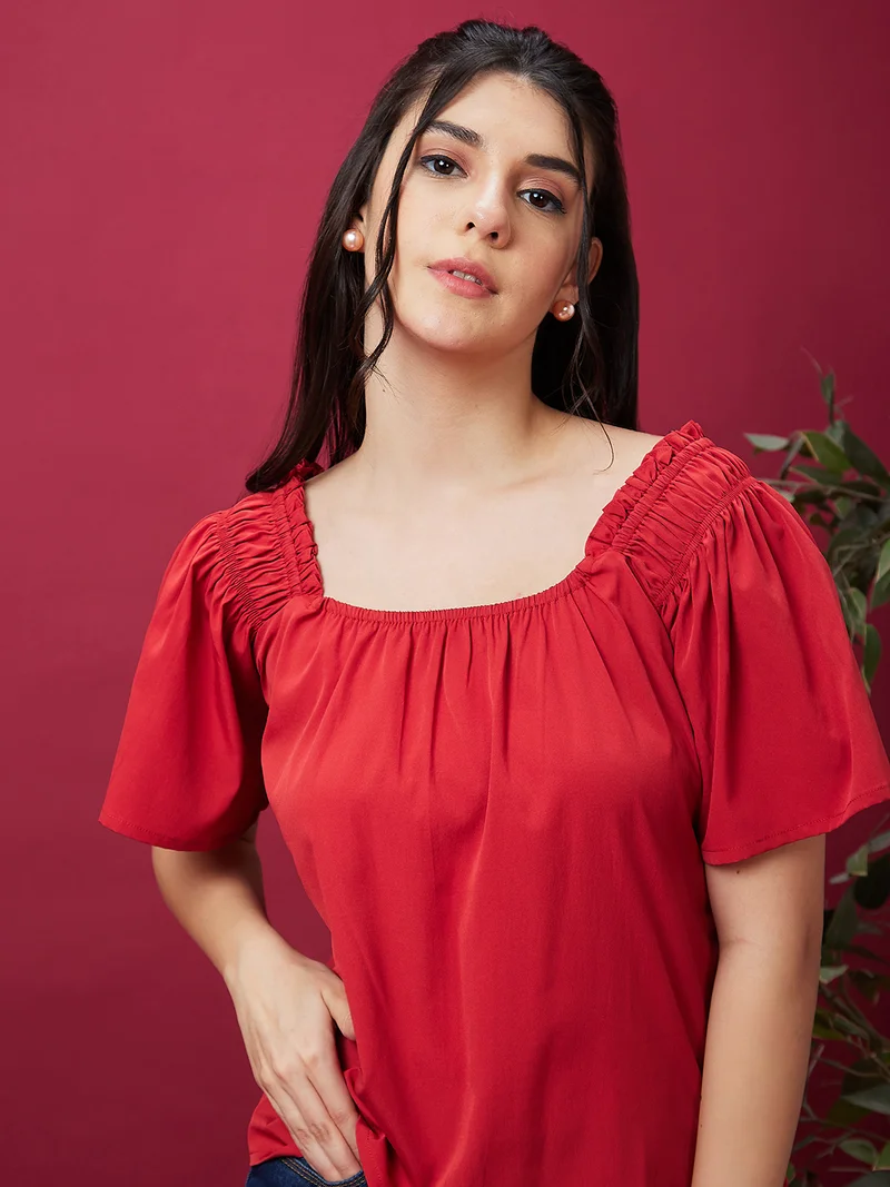 globus Women Rust Square Neck Flared Sleeve Gathered Or Pleated Top