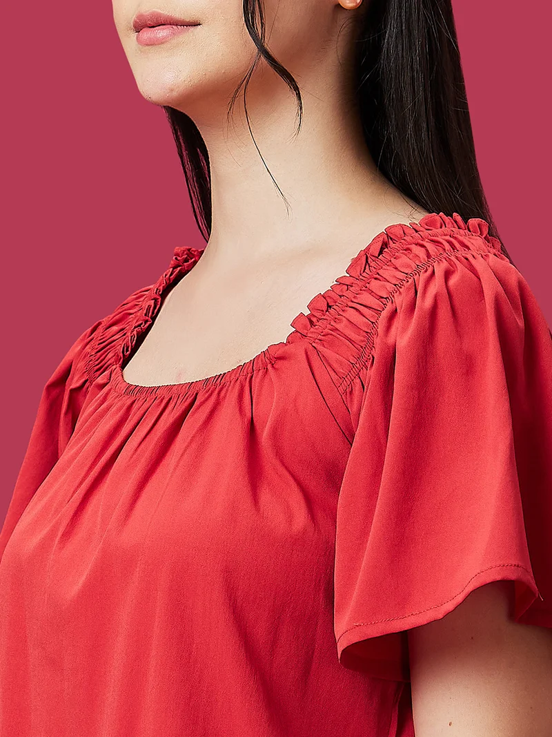 globus Women Rust Square Neck Flared Sleeve Gathered Or Pleated Top