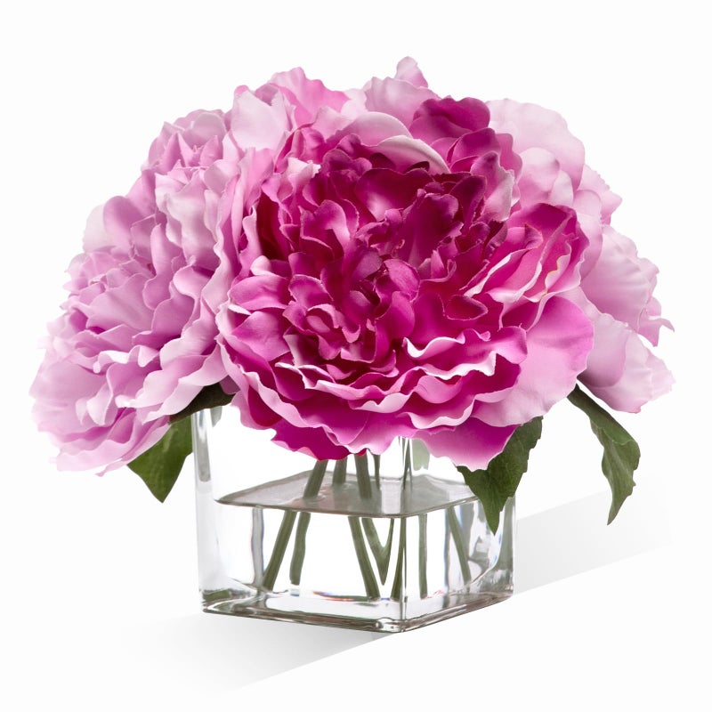 WELL KNOWN Artificial Peonies Flowers Arrangements In Cube Glass Vase  Wellknown Silk Flower Centerpieces For Dining Room Table  Coffee Table Decor  Faux Peony Flowers With Faux Water (Bicolor Purple) - Image 1