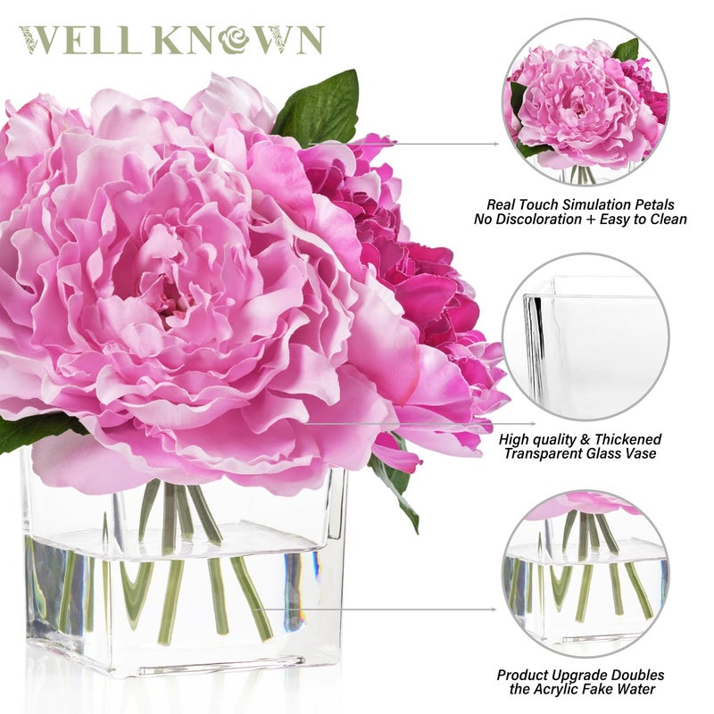 WELL KNOWN Artificial Peonies Flowers Arrangements In Cube Glass Vase  Wellknown Silk Flower Centerpieces For Dining Room Table  Coffee Table Decor  Faux Peony Flowers With Faux Water (Bicolor Purple) - Image 5