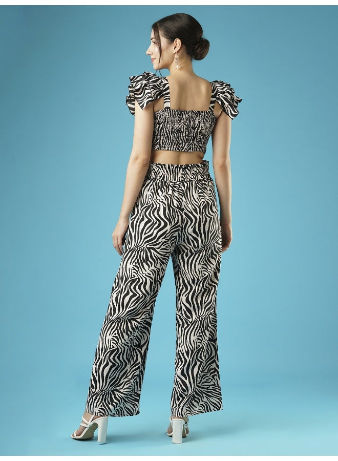 globus Globus Women Black & White Animal Printed Shoulder Straps Flutter Sleeves Crop Top & Trousers  - Image 3