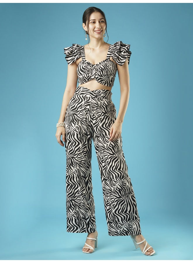 globus Globus Women Black & White Animal Printed Shoulder Straps Flutter Sleeves Crop Top & Trousers  - Image 1
