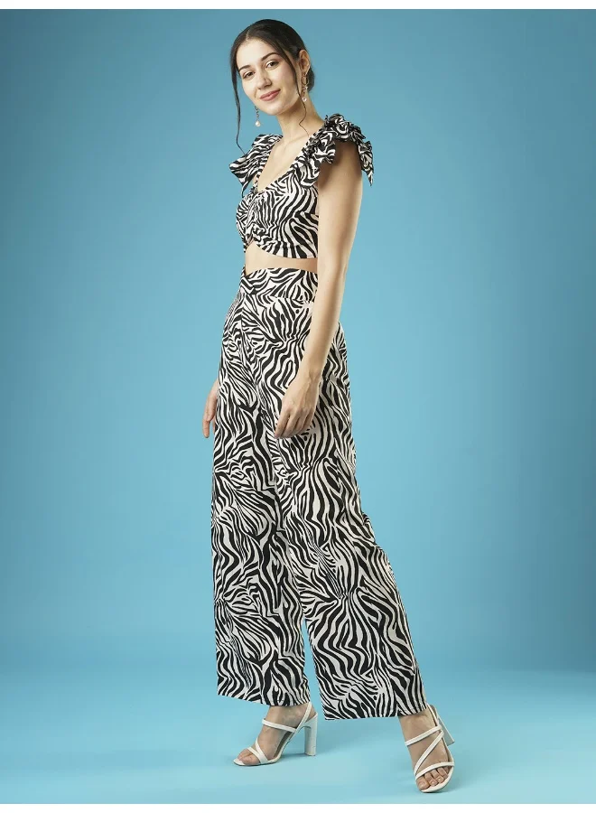 globus Globus Women Black & White Animal Printed Shoulder Straps Flutter Sleeves Crop Top & Trousers