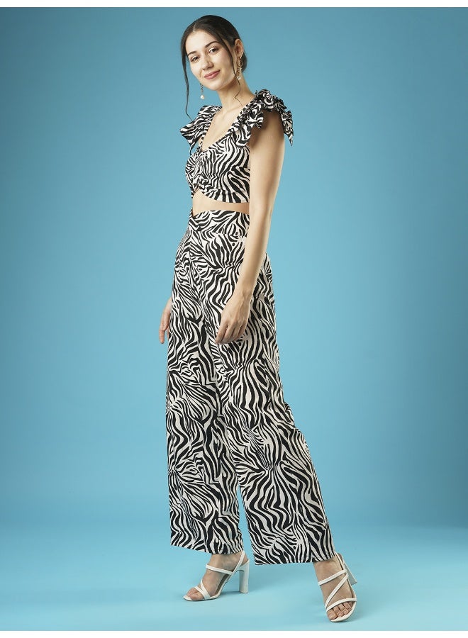 globus Globus Women Black & White Animal Printed Shoulder Straps Flutter Sleeves Crop Top & Trousers  - Image 2