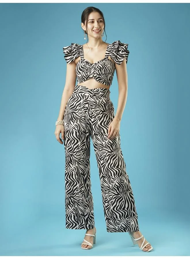 globus Globus Women Black & White Animal Printed Shoulder Straps Flutter Sleeves Crop Top & Trousers