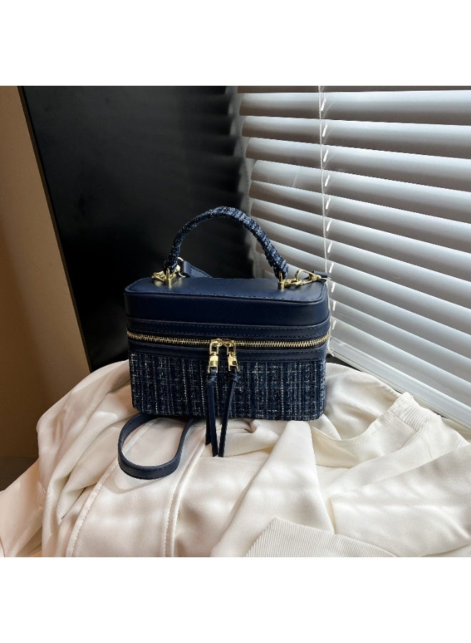 Navy Blue Tweed Spliced Box Bag with Matte Leather & Double Zipper, Adjustable Shoulder Strap - Image 2