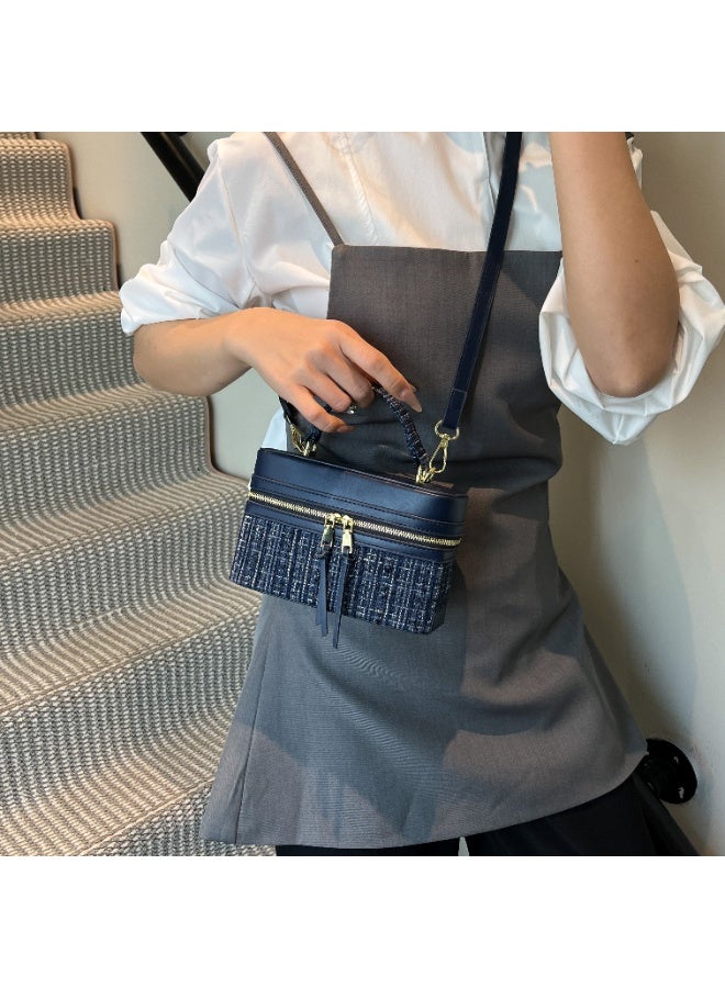 Navy Blue Tweed Spliced Box Bag with Matte Leather & Double Zipper, Adjustable Shoulder Strap - Image 4