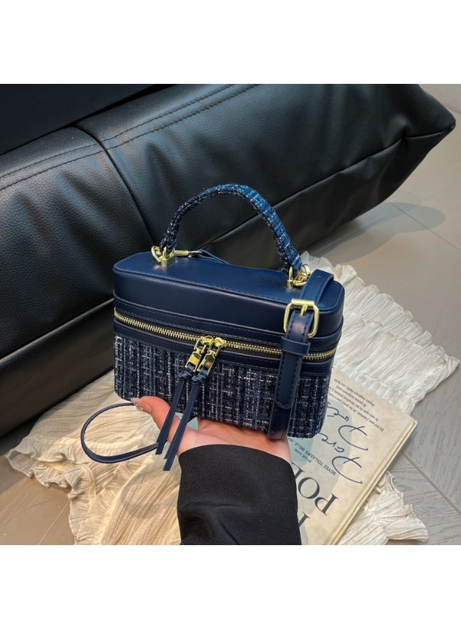 Navy Blue Tweed Spliced Box Bag with Matte Leather & Double Zipper, Adjustable Shoulder Strap - Image 1