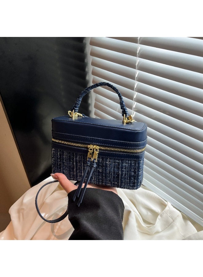 Navy Blue Tweed Spliced Box Bag with Matte Leather & Double Zipper, Adjustable Shoulder Strap - Image 3