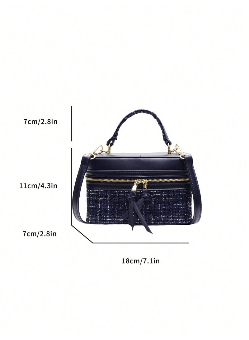 Navy Blue Tweed Spliced Box Bag with Matte Leather & Double Zipper, Adjustable Shoulder Strap - Image 5