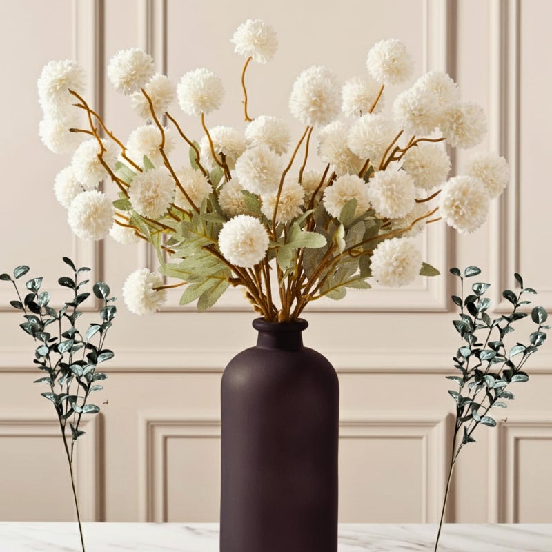 RyddeligHome White Faux Kiku Flowers for Vase - 10 Long Stem Artificial Flowers with Eucalyptus, Realistic Winter Floral Stems for Tall Vases, Farmhouse Home Decor (Premium Quality) - Image 1