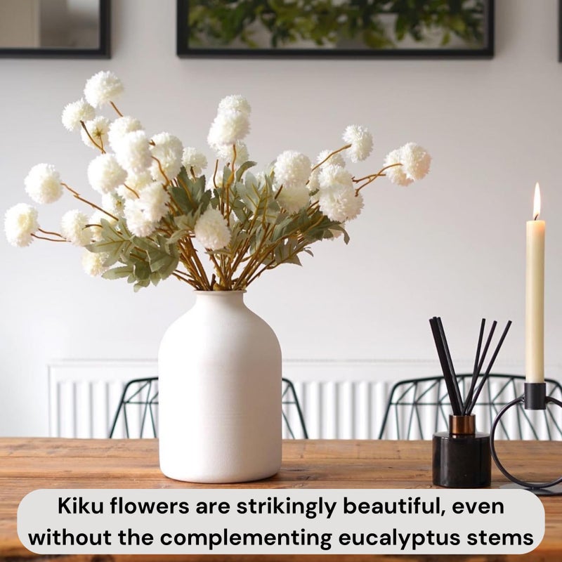 RyddeligHome White Faux Kiku Flowers for Vase - 10 Long Stem Artificial Flowers with Eucalyptus, Realistic Winter Floral Stems for Tall Vases, Farmhouse Home Decor (Premium Quality) - Image 5