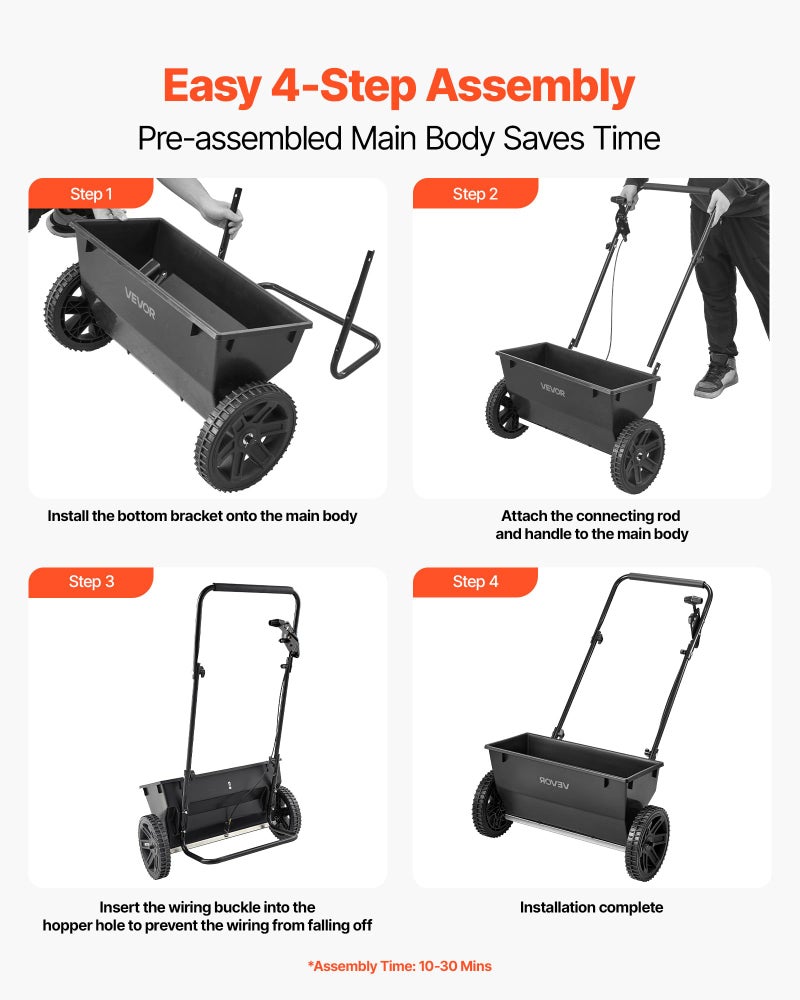 VEVOR Broadcast Spreader, 50LBS Capacity, Drop Spreader with Hopper Grate, 18 in Spreading Width & 30 Settings, 10 in All Terrain Tires, Garden & Lawn Spreaders for Seed, Fertilizer - Image 4