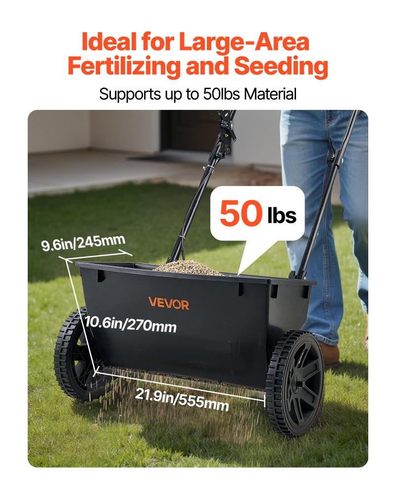 VEVOR Broadcast Spreader, 50LBS Capacity, Drop Spreader with Hopper Grate, 18 in Spreading Width & 30 Settings, 10 in All Terrain Tires, Garden & Lawn Spreaders for Seed, Fertilizer - Image 3