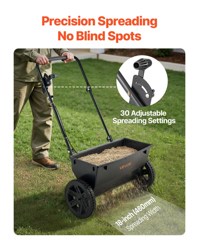 VEVOR Broadcast Spreader, 50LBS Capacity, Drop Spreader with Hopper Grate, 18 in Spreading Width & 30 Settings, 10 in All Terrain Tires, Garden & Lawn Spreaders for Seed, Fertilizer - Image 2