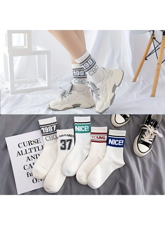ShebSheb 5 Pairs Women Crew Socks Retro Slouch Socks For Women Solid Casual Crew Socks - Image 1