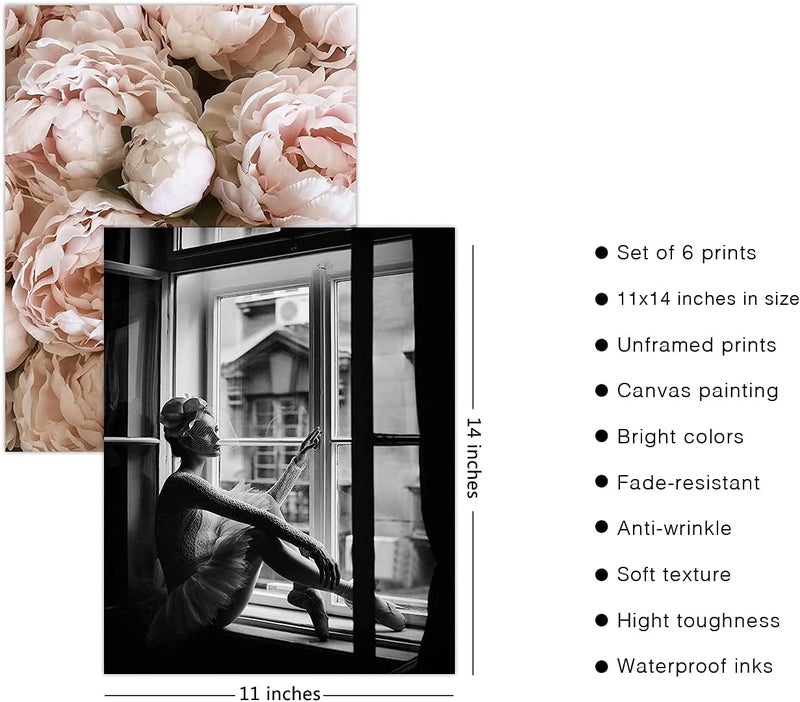 HoozGee Romantic Roses Fashion Wall Art Prints Set of 6 Black and White Pink Minimalist Wall Art Canvas Painting Posters Prints Poster Set for Living Room Bedroom Home Decor (11"x14" UNFRAMED) - Image 2